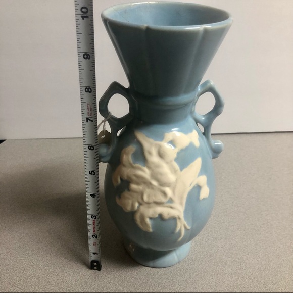 Vintage Blue Weller Pottery Vase Floral with Chip - Picture 7 of 7